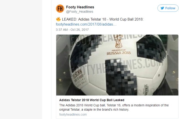 Официальный мяч ЧМ по футболу 2018 показал портал Footy Headlines 