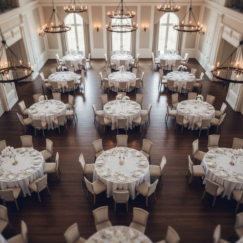 Схема правильной рассадки гостей в банкетном зале с использованием круглых столов, что актуально, когда планируется аренда столов для торжества.