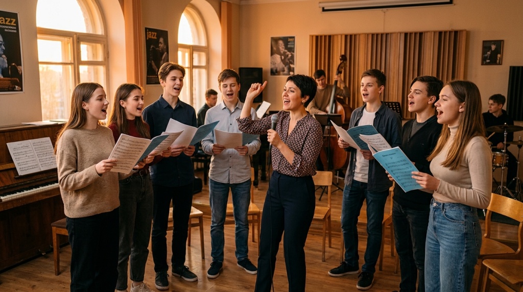 Ученики на уроке джазового вокала в российской музыкальной школе