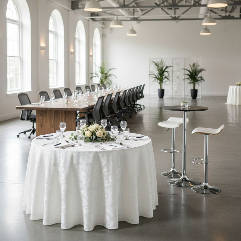 Различные виды столов для мероприятий в интерьере: круглые банкетные и высокие коктейльные столы, готовые к приему гостей.