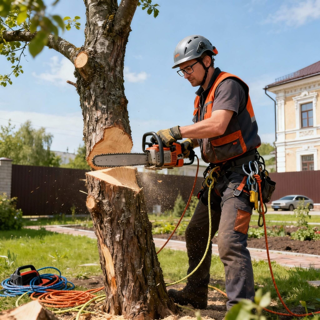 Профессиональный арборист спиливает дерево