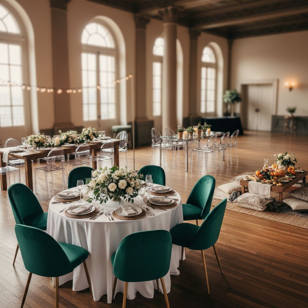 Различные виды столов для аренды, включая круглые банкетные и высокие коктейльные, расставленные на мероприятии.