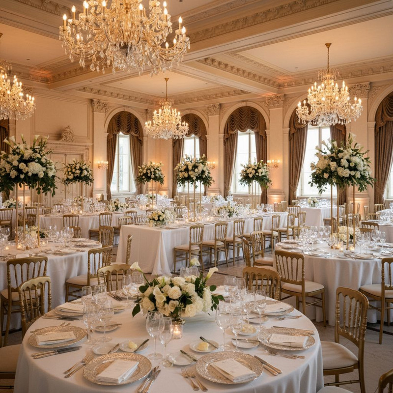 Пример сервировки круглых и прямоугольных банкетных столов в интерьере торжественного зала.