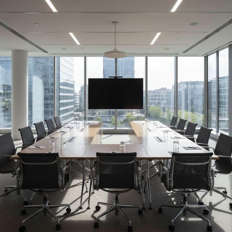 Современный конференц-зал с модульными столами для переговоров, расставленными для проведения семинара или тренинга.