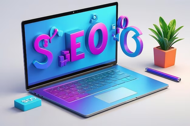 3D-оптимизация SEO с панелью поиска для маркетинга сайта социальных сетей на концепции ноутбука