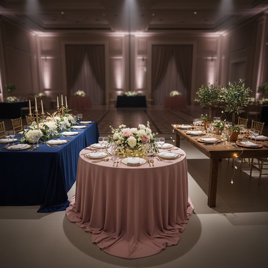Элегантно сервированные круглые банкетные столы, иллюстрирующие правильный выбор мебели под формат торжественного мероприятия.