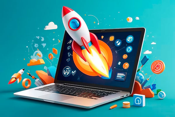 3D-оптимизация SEO с ракетой для маркетинга концепция социальных сетей Интерфейс для стратегии веб-аналитики и планирования исследований в ноутбуке