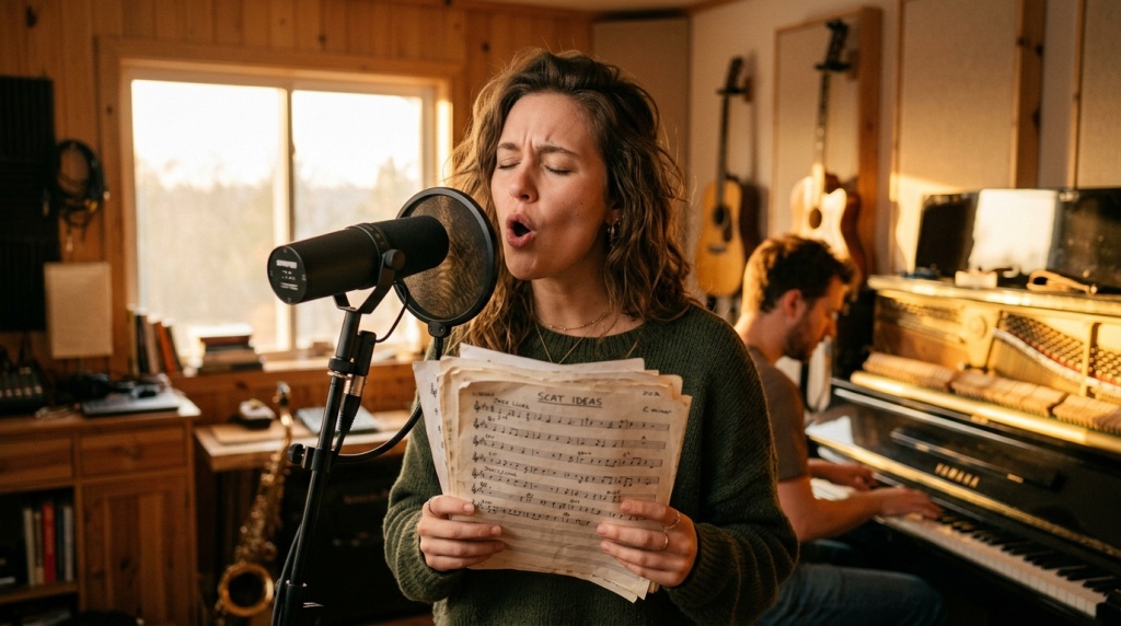 Начинающий вокалист практикует scat под пианино в студии
